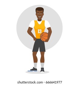 Vector illustration of dark-skinned basketball player with ball. Flat style.