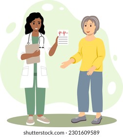 Vector illustration of a dark-skinned doctor consultation with an elderly patient. Therapist in a white coat. Modern medical services and consultation concept. Vector illustration in a flat style.