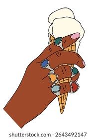 Vector illustration of dark-skinned female hand wearing multiple colorful gemstone rings, holding an ice cream waffle cone. Colored sketch style outline drawing, isolated on white background