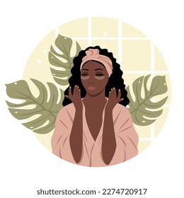 Vector illustration of a dark-skinned girl in a bathrobe with an eye patch in the bathroom. Banner concept of cosmetology, beauty, home care, cosmetic procedures at home.