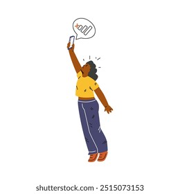 Ilustração vetorial de uma garota de pele escura segurando um smartphone para obter uma conexão. Perdeu o personagem sem conexão móvel enquanto viajava. Estilo de desenho animado plano. Plano de fundo isolado.