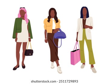 Ilustração vetorial de meninas de pele escura vestidas com roupas elegantes. Cena de desenhos animados de meninas vestidas com roupas da moda: vestido, jaquetas, t-shirts, saia maxi, calças, sacos, brincos, pulseiras, corrente.