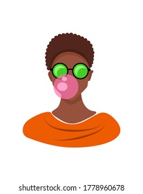 Vector illustration of a dark-skinned guy in stylish bright sunglasses and with a bubble gum. Bright summer illustration. Design for print and web. Option avatars for social networks.