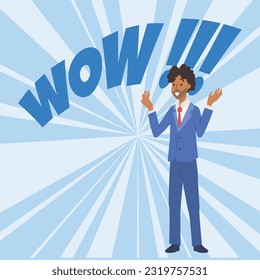 Vector Illustration of a dark-skinned man in a blue business suit with a red tie raised his hands up, he is very surprised and says WOW on abstract pop art style background.