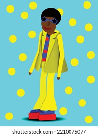Vector illustration of a dark-skinned man in a funky disco outfit in yellow to green colors. Pants with bell bottoms. A jacket, high-top sneakers with leather soles. Star shaped sunglasses. Lifestyle.
