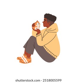 Ilustração vetorial de um adolescente de pele escura sentado e segurando um pequeno hamster vermelho em suas mãos. Perfeito para um tema de animais de estimação. Estilo de desenho animado plano com vista lateral em um fundo isolado.