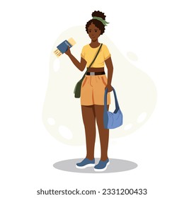 Vector illustration of a dark-skinned tourist girl with a plane ticket and a bag. Isolated on a white background. The concept of tourism, air travel, travel.