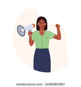 Vector illustration of a dark-skinned woman protesting. Cartoon scene of a dark-skinned woman on strike, holding a loudspeaker, shouting, raised hand isolated on white background. Fight for rights.