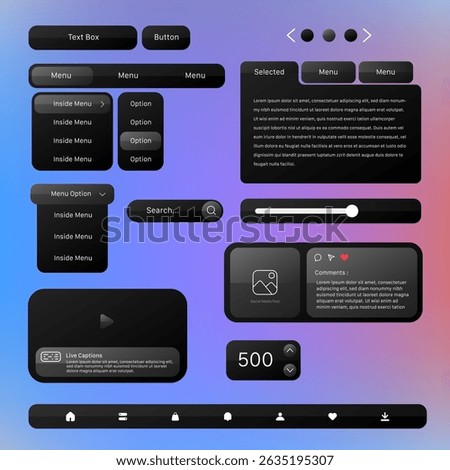 Vector illustration of a dark-themed web UI kit featuring various elegant interface components such as dropdown menus, buttons, sliders, comment boxes, media player, search bar, and navigation icons