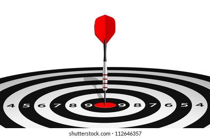 Vector illustration of dart in bull's eye of lined dartboard