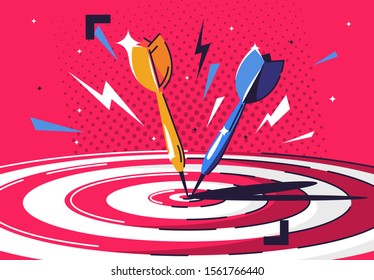 Vector illustration of Darts hitting a point on a target, target concept