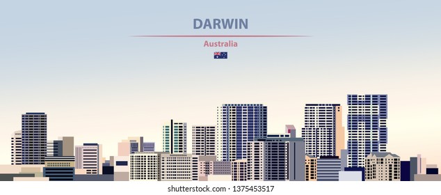 Vector illustration of Darwin city skyline on colorful gradient beautiful day sky background with flag of Australia