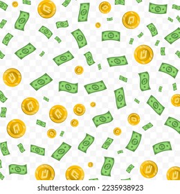 Ilustración vectorial del dinero Dash. Patrón aleatorio de billetes y monedas en color verde y oro sobre fondo transparente (PNG). 