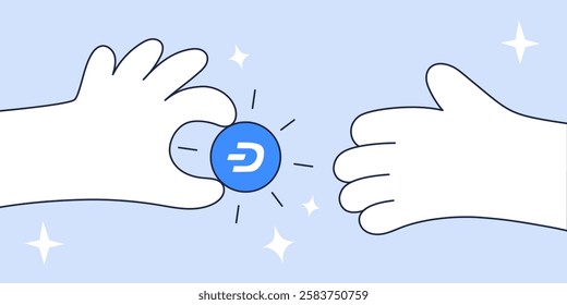 Vector Illustration of a Dash Transaction - Hands Exchanging a Blue Cryptocurrency Token, Symbolizing Digital Payments and Blockchain Technology