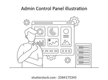 Vector illustration for IT dashboard and administration. A business analyst monitoring performance metrics on a digital control panel with a server setup.