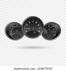 Vector illustration, dashboard car speedometer, steering wheel realistic 3d icon