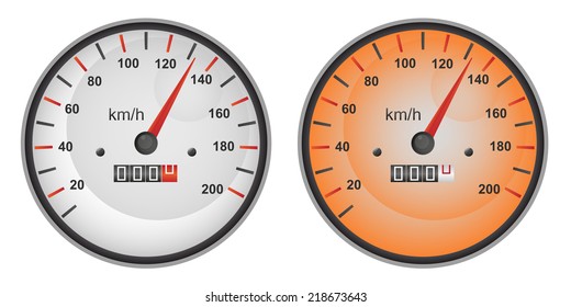 Vector illustration of dashboard speedometer gauges in gray and orange color variants.