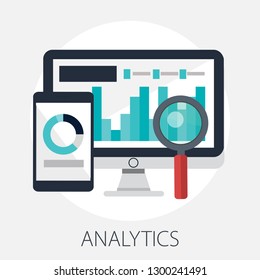 Vector illustration of Data analysis & business information research solution concept with "analytics" Management and marketing concept.