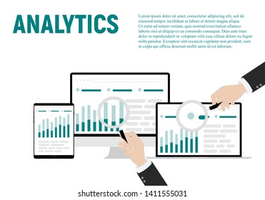 Vector illustration of Data analysis business information research solution concept with "analytics" Management and marketing concept.