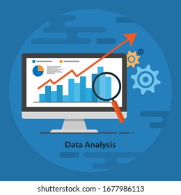 Vector illustration of data analysis and business information with business chart on the screen of computer monitor.