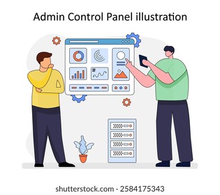 Vector illustration for data analysis and business intelligence. Two professionals analyzing graphical data on a digital dashboard with server infrastructure.