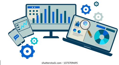 Vector illustration of data analysis and financial research. Multi platform advantages.