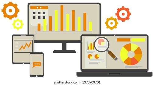 Vector illustration of data analysis and financial research. Multi platform advantages.