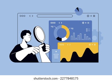 Vector illustration of data analysis, web optimization. Creative concept for web banner, social media banner, business presentation, marketing material.