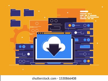 vector illustration of a data center with a database, a server for storing information, a laptop with files