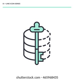 Vector illustration of data encryption icon. Mono color image of key on database. Symbol in modern thin line design. Eps10 format sign for web graphics. Isolated on white background.