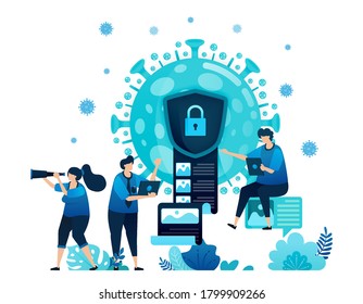 Vector illustration of data encryption and security to protect confidential information of covid-19 virus and vaccines. Virus document encryption icon and symbol. Landing page, web, website, banner