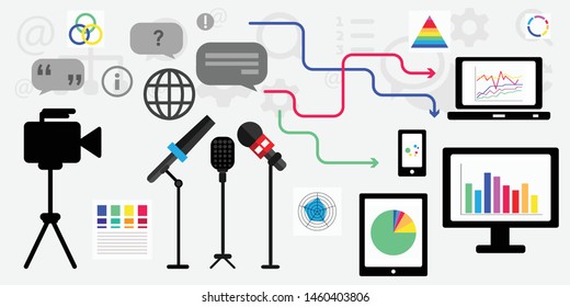 vector illustration of data journalism and information sources and devices for media content creation