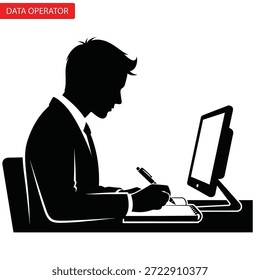 Ilustración vectorial de un gestor de datos trabajando en un ordenador, destacando la importancia de la gestión de datos en los lugares de trabajo modernos.