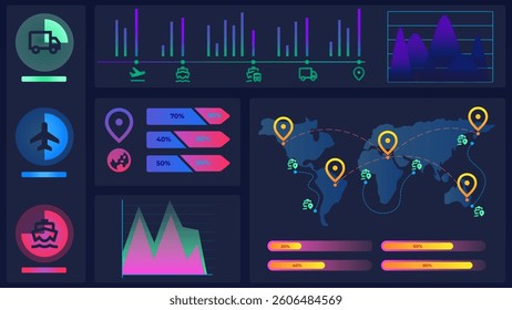 Vector illustration. Data overlays on world map visualize financial forecasting, AI-based capital flow, and transcontinental business dynamics. Concept of business, stock market, investment, economy.