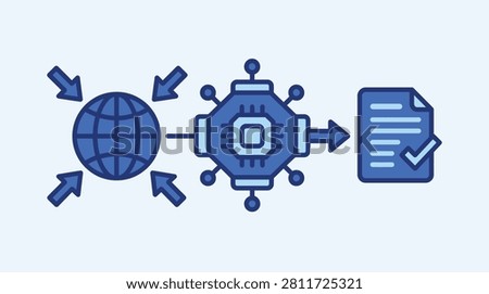Vector illustration of a data processing concept, showing global information being collected, analyzed by a central processor, and converted into a report.