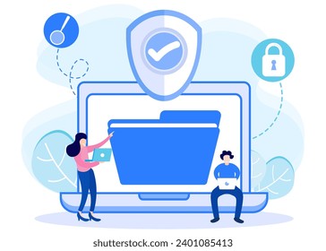 Ilustración vectorial del concepto de protección de datos. Documentos reglamentarios de los procedimientos de seguridad y administración de riesgos. Cartel de protección de datos de privacidad.