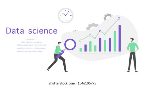 Vector Illustration Data Science, Big Data Conference, Big Data Presentation Concept. People. Analysis, Processing And Provision Of Data Research, Statistics, Marketing, Study Performance Indicators