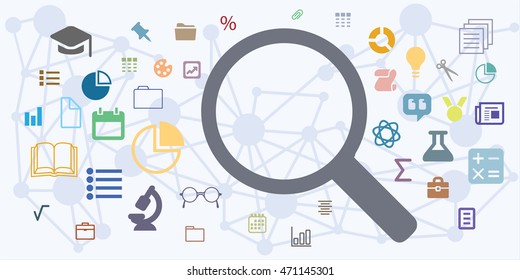 vector illustration of data searching with magnifier and different symbols of information education science  internet documents with a space for text or symbol inside loupe