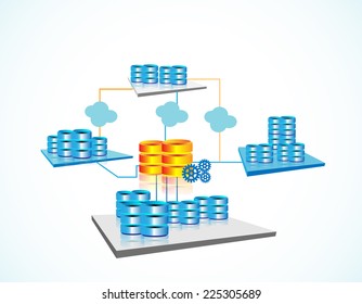 Vector Illustration Of Data Warehousing And Represents Data Integration, Data Extract, Load And Transformation From One Database To Other Through Data Warehouse, Big Data Servers