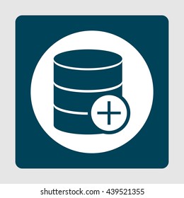 Vector illustration of database add sign icon on blue background.