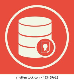 Vector illustration of database certificate sign icon on red background.