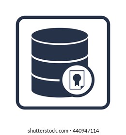 Vector illustration of database certificate sign icon on blue round background.