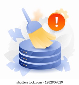 Vector illustration of database cleansing alert. Alert sign, big brush or broom cleaning up database.