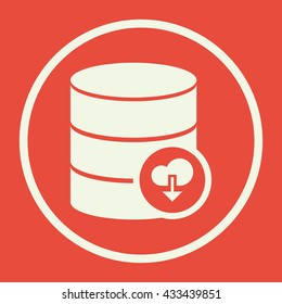 Vector illustration of database download sign icon on red background.