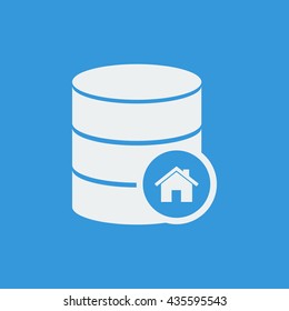 Vector illustration of database home sign icon on blue background.