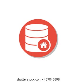 Vector illustration of database home sign icon on red circle background.