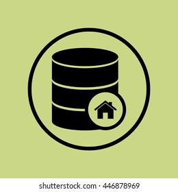 Vector illustration of database home sign icon on green circle background.