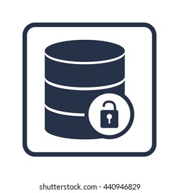 Vector illustration of database lock open sign icon on blue round background.