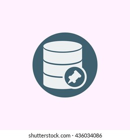 Vector illustration of database pin sign icon on blue circle background.