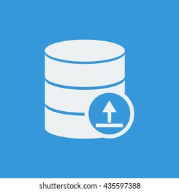 Vector illustration of database upload sign icon on blue background.